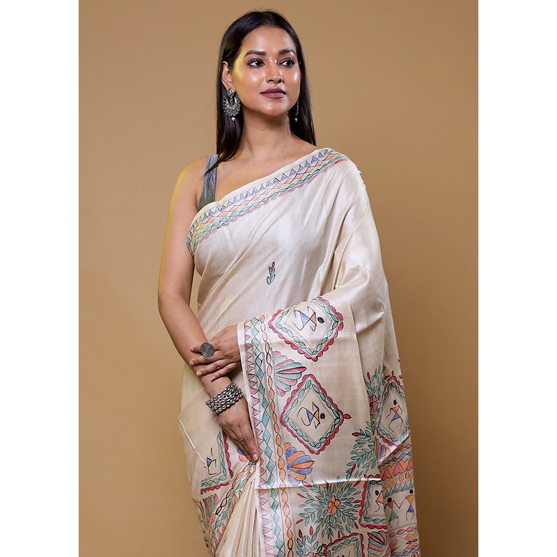 Cream Handloom Tussar Pure Silk Saree With Blouse Piece - JD986610436