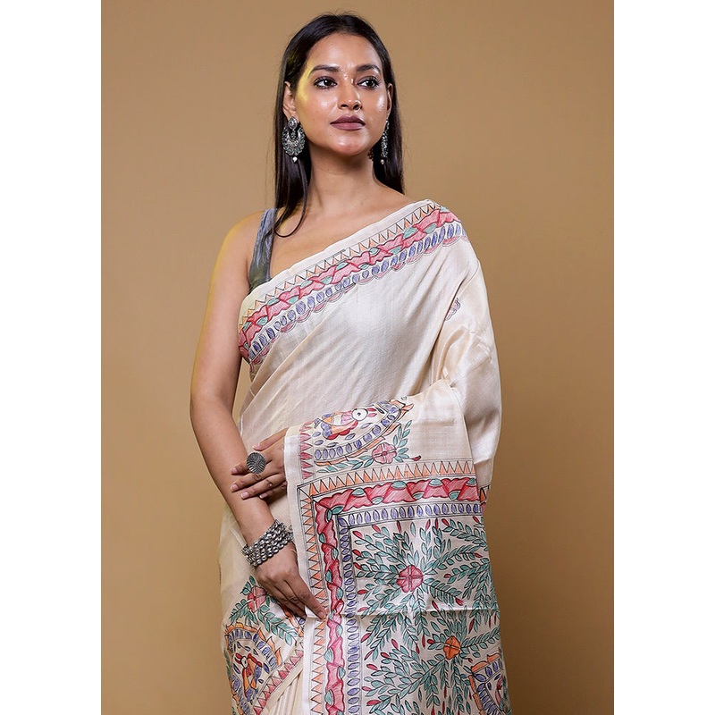 Cream Handloom Tussar Pure Silk Saree With Blouse Piece - JD986610437