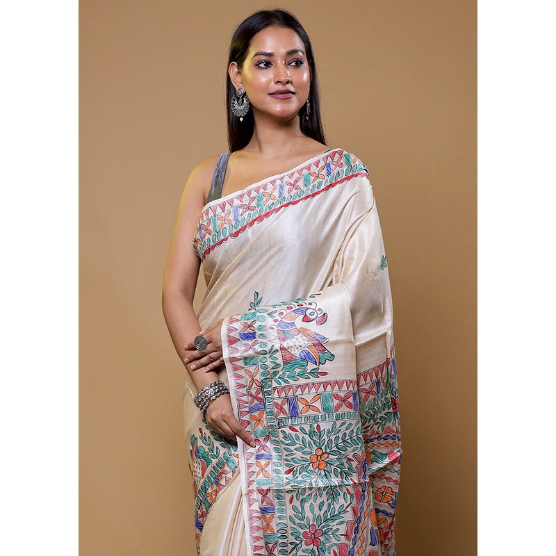 Cream Handloom Tussar Pure Silk Saree With Blouse Piece - JD986610438