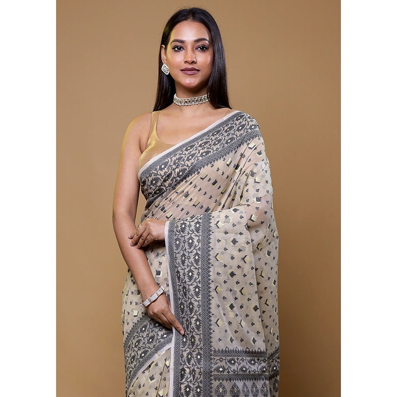 Cream Kora Silk Saree With Blouse Piece - JD986610431