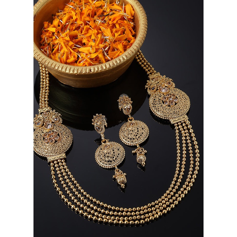 Golden Alloy Glossy Jewellery Set - JD986610191