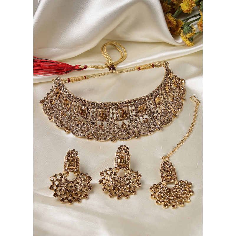 Golden Alloy Glossy Jewellery Set - JD986610193