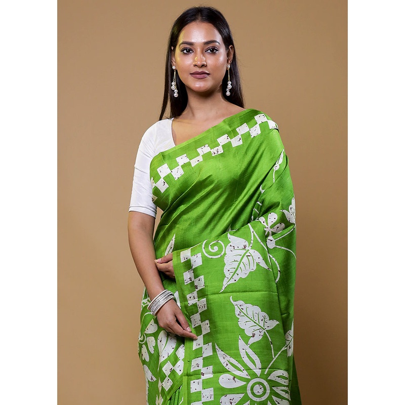 Green Printed Pure Silk Saree Without Blouse Piece - JD986610426