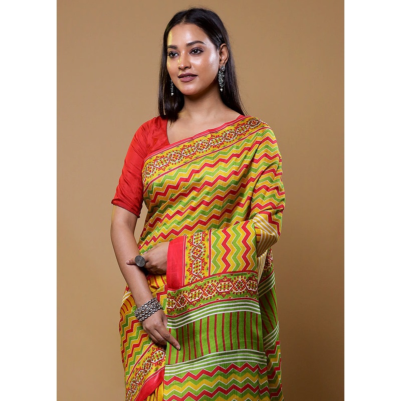 Green Printed Pure Silk Saree Without Blouse Piece - JD986610427