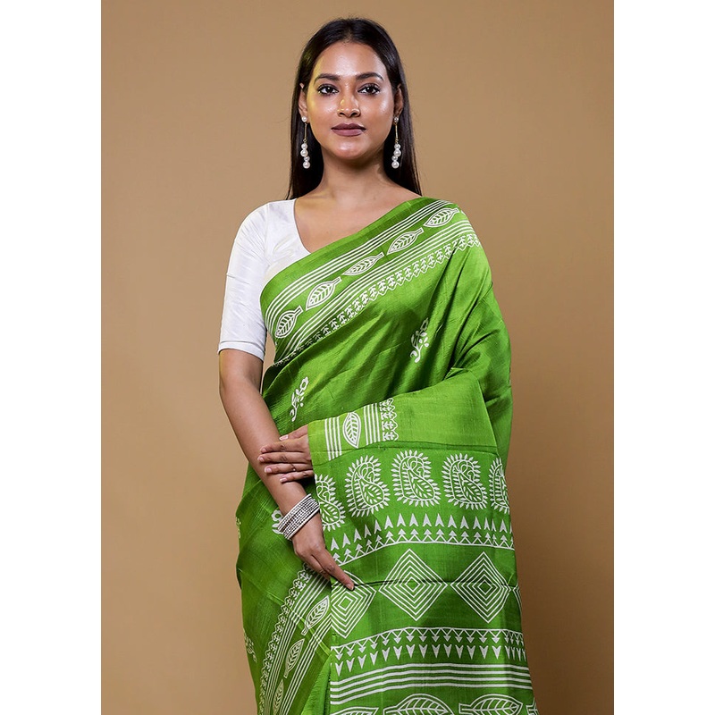 Green Printed Pure Silk Saree Without Blouse Piece - JD986610428
