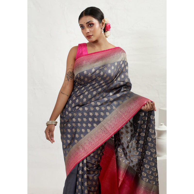 Grey Dupion Silk Saree With Blouse Piece - JD986610454