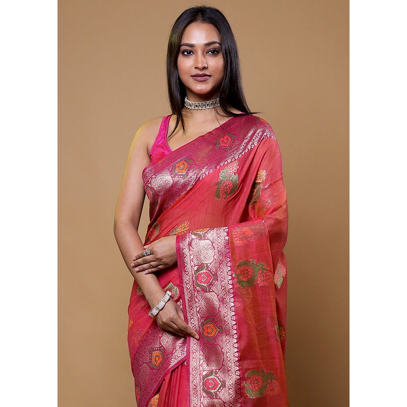 Pink Dupion Silk Saree With Blouse Piece - JD986610422
