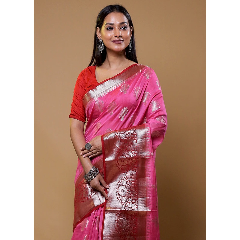 Pink Dupion Silk Saree With Blouse Piece - JD986610423
