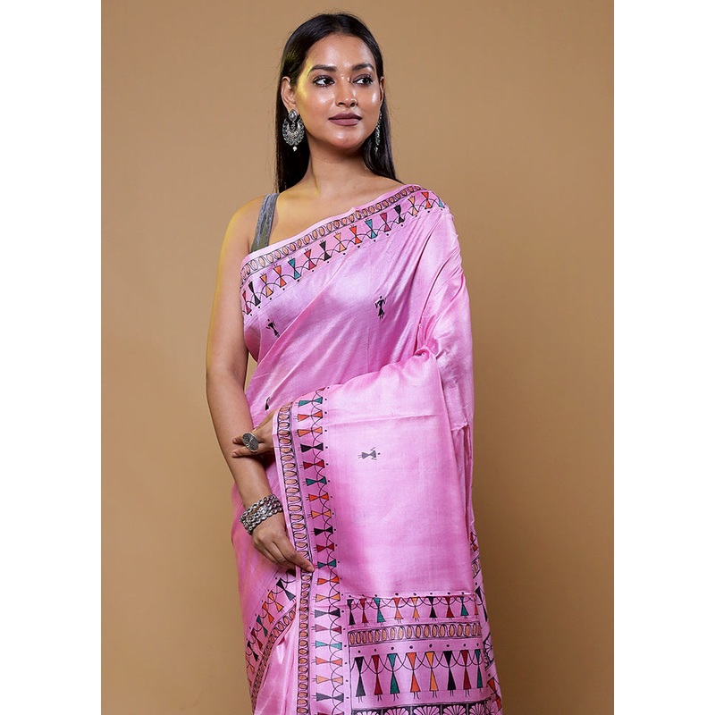 Pink Handloom Tussar Pure Silk Saree With Blouse Piece - JD986610420