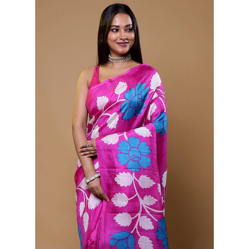 Pink Printed Pure Silk Saree Without Blouse Piece - JD986610419