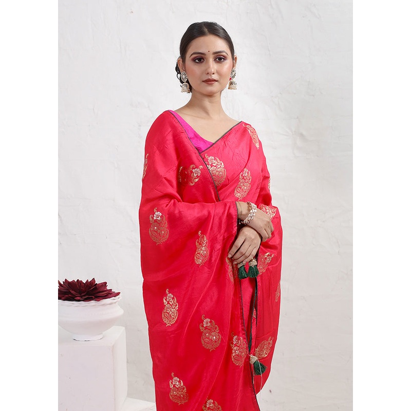 Pink Tussar Silk Saree With Blouse Piece - JD986610456