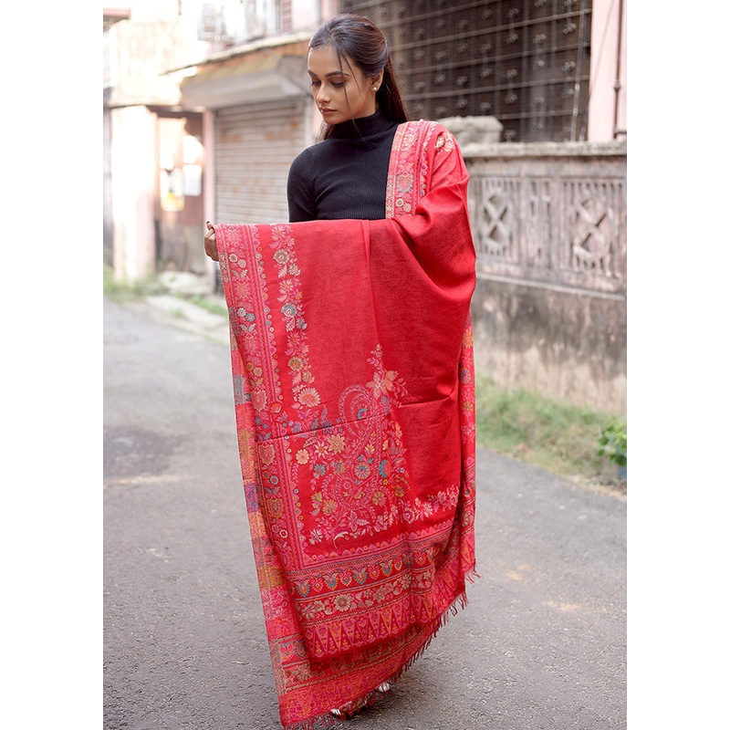 Pink Woolen Zari Woven Work Shawl - JD986610451