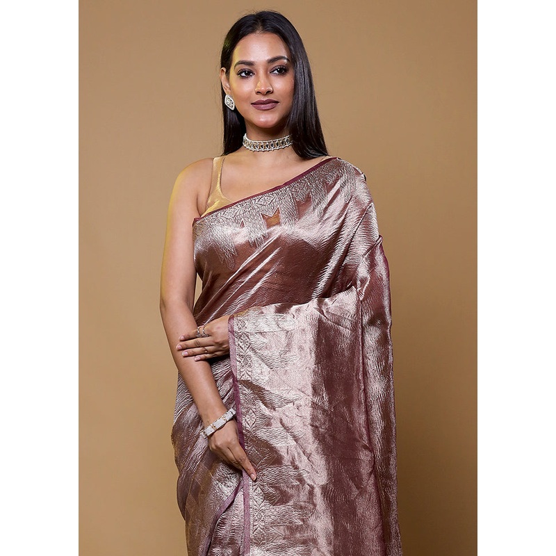 Purple Crushed Tissue Silk Saree With Blouse Piece - JD986610416