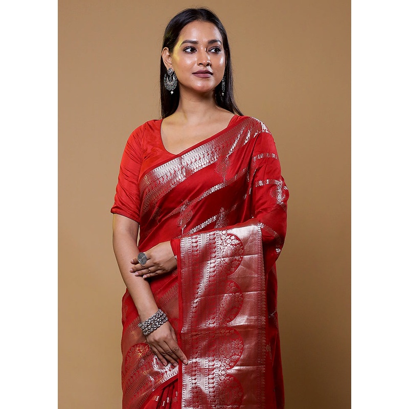 Red Dupion Silk Saree With Blouse Piece - JD986610414