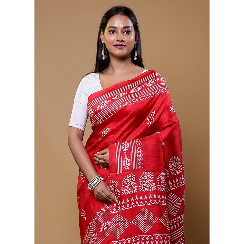 Red Printed Pure Silk Saree Without Blouse Piece - JD986610412