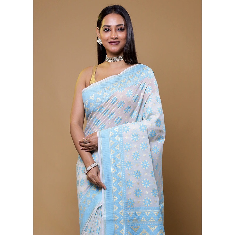 White Kora Silk Saree With Blouse Piece - JD986610411