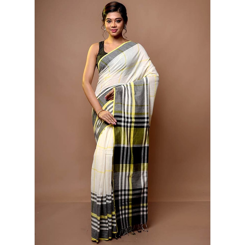 White Shantipuri Cotton Saree Without Blouse Piece - JD986610446