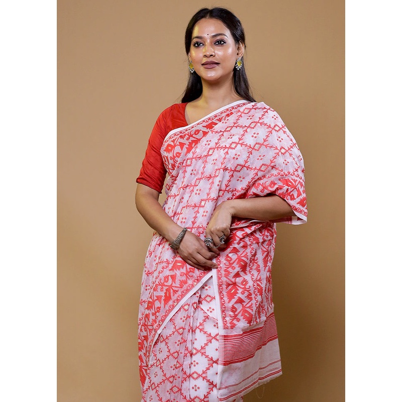 White Tant Jamdani Saree Without Blouse Piece - JD986610209