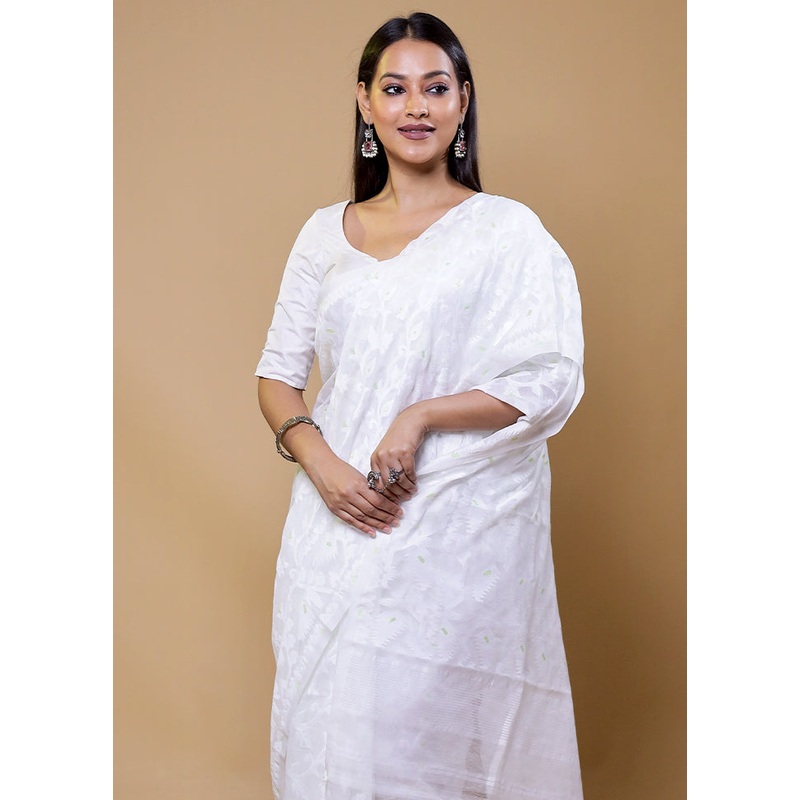 White Tant Jamdani Saree Without Blouse Piece - JD986610210
