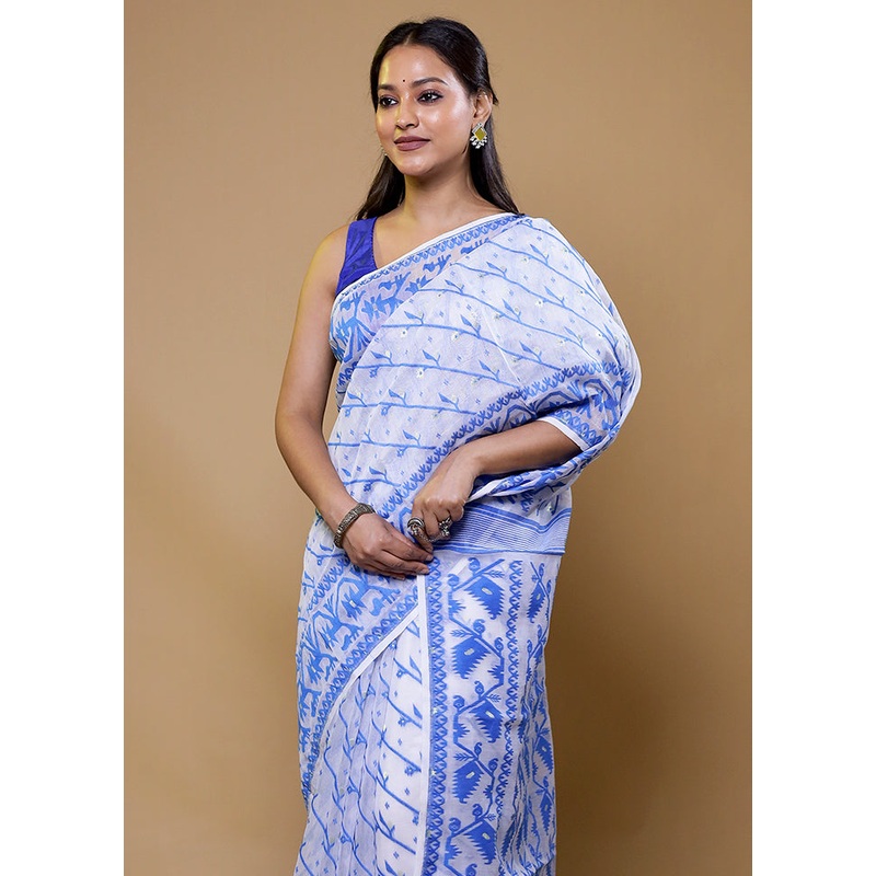 White Tant Jamdani Saree Without Blouse Piece - JD986610211