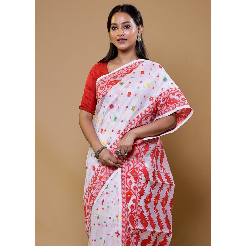 White Tant Jamdani Saree Without Blouse Piece - JD986610212