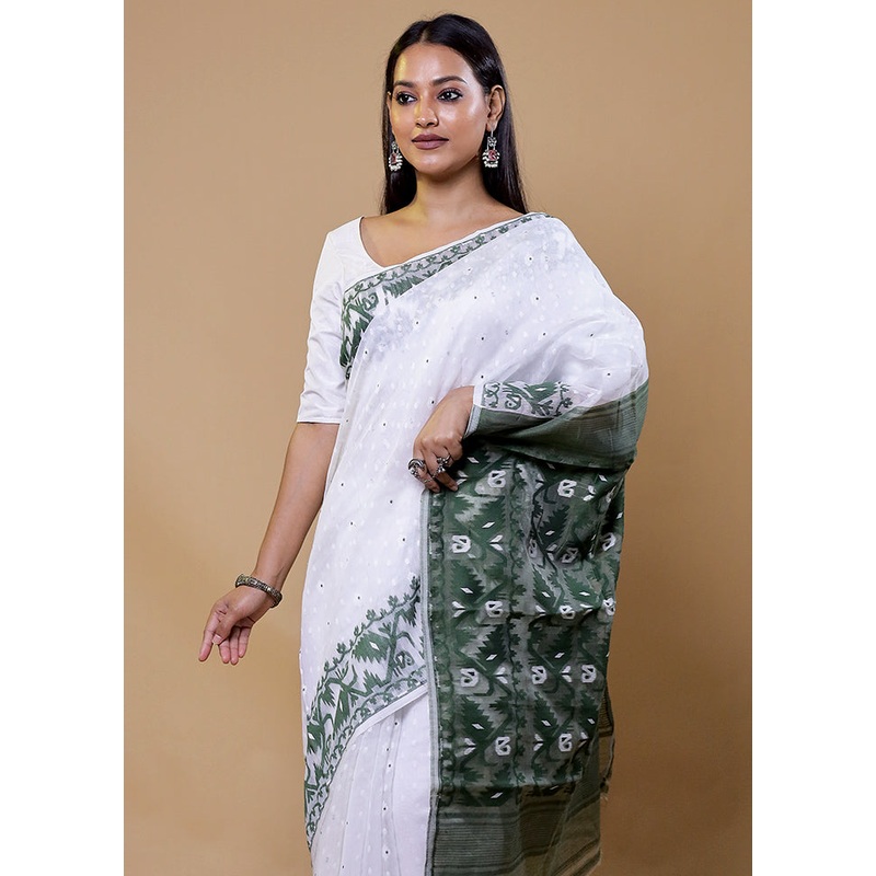 White Tant Jamdani Saree Without Blouse Piece - JD986610213