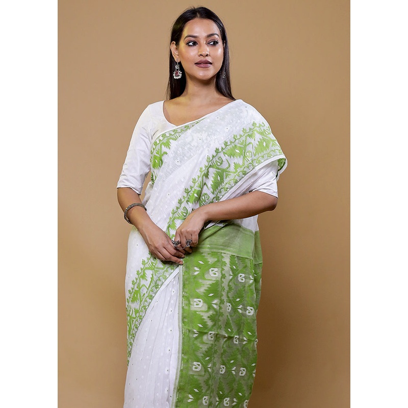 White Tant Jamdani Saree Without Blouse Piece - JD986610214