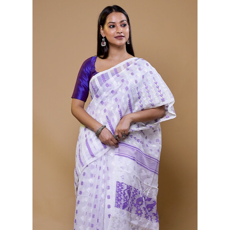 White Tant Jamdani Saree Without Blouse Piece - JD986610215