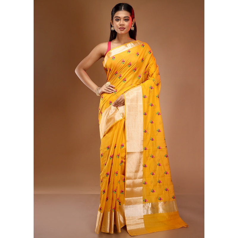 Yellow Cotton Embroidered Saree With Blouse Piece - JD986610445