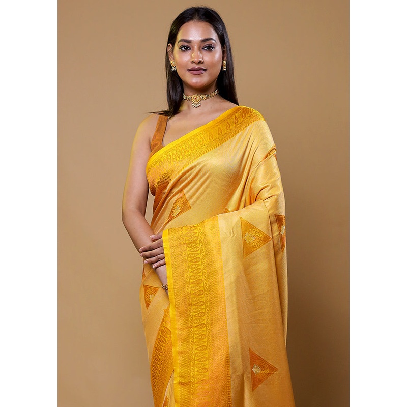 Yellow Dupion Silk Saree With Blouse Piece - JD986610410