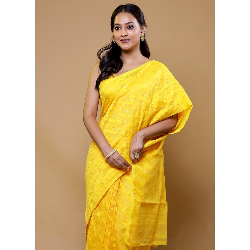 Yellow Tant Jamdani Saree Without Blouse Piece - JD986610198