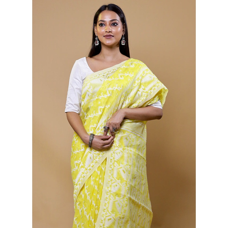 Yellow Tant Jamdani Saree Without Blouse Piece - JD986610199
