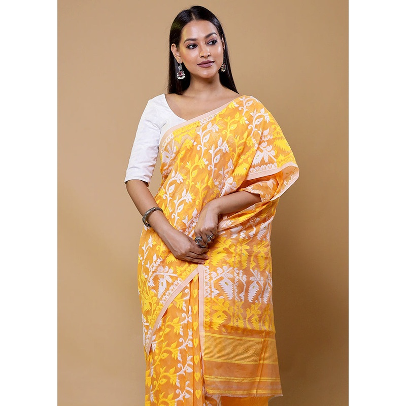 Yellow Tant Jamdani Saree Without Blouse Piece - JD986610204