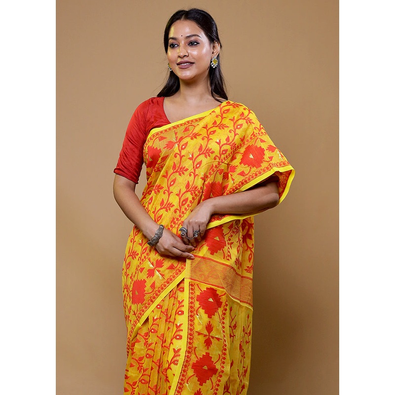 Yellow Tant Jamdani Saree Without Blouse Piece - JD986610207