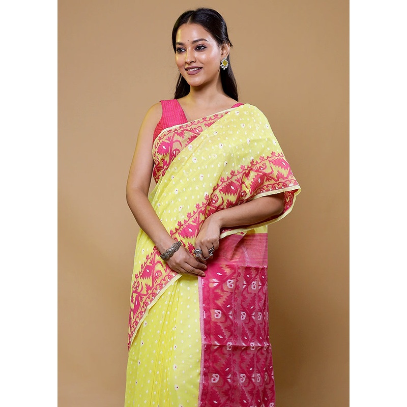 Yellow Tant Jamdani Saree Without Blouse Piece - JD986610208