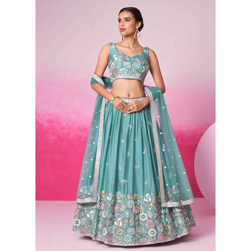 3 Pc Blue Georgette Semi Stitched Lehenga Set - JD986610056