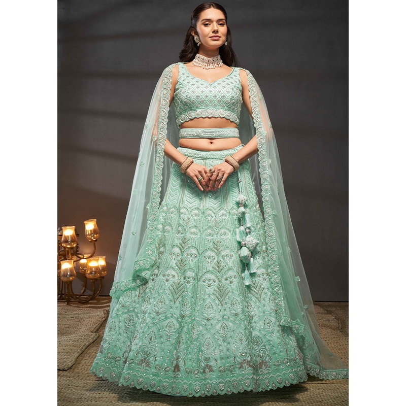 3 Pc Blue Net Semi Stitched Lehenga Set - JD986610055