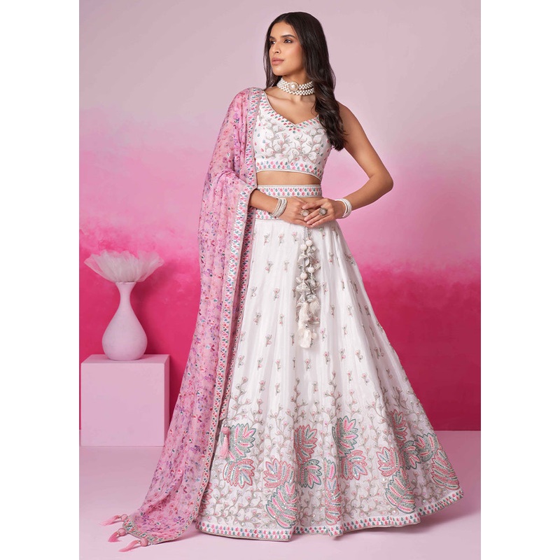 3 Pc Cream Georgette Semi Stitched Lehenga Set - JD986610054