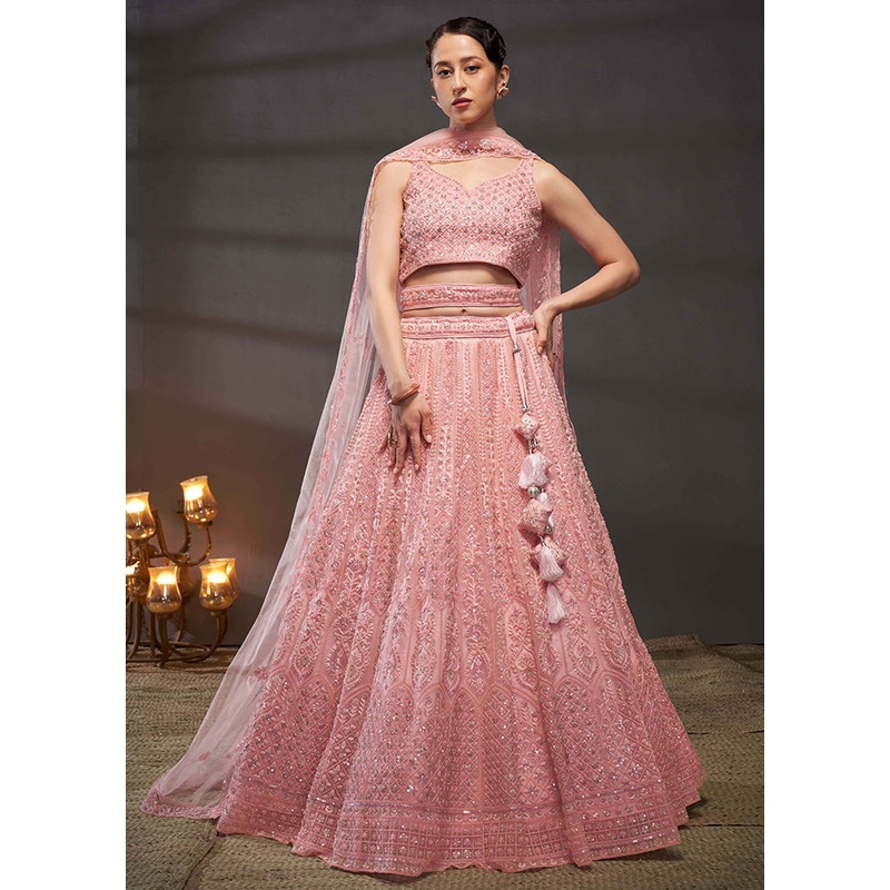 3 Pc Pink Net Semi Stitched Lehenga Set - JD986610053