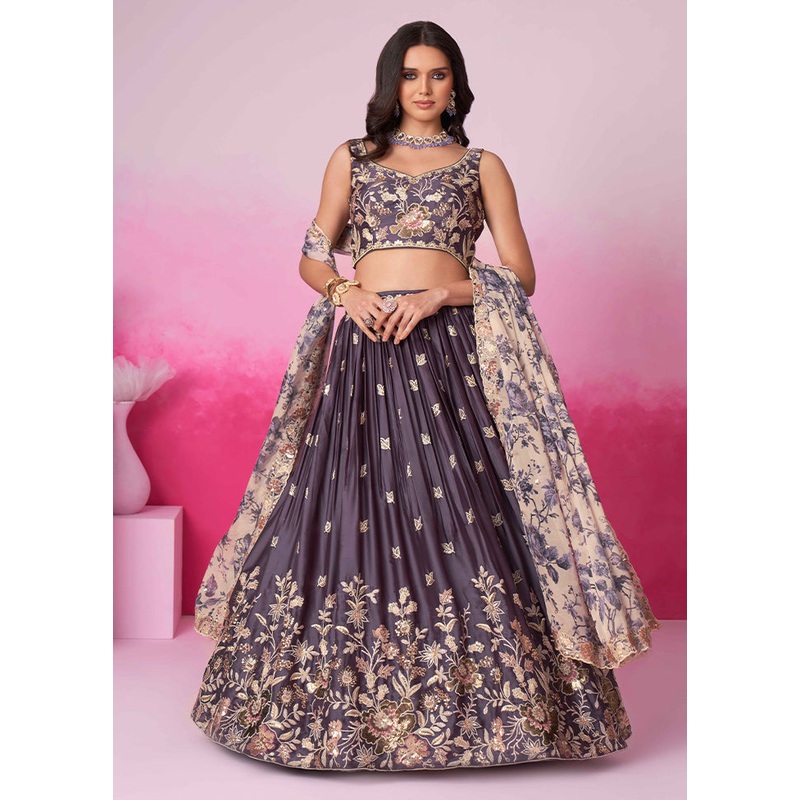 3 Pc Purple Silk Semi Stitched Lehenga Set - JD986610052
