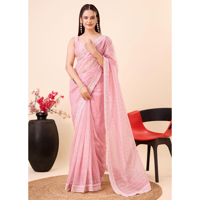 Baby Pink Net Saree With Blouse Piece - JD986610009