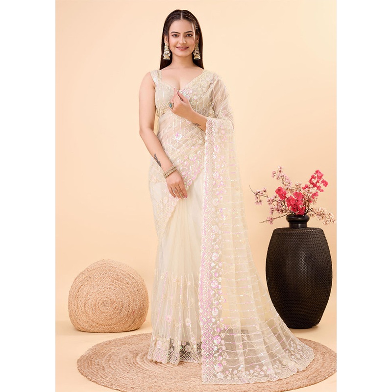 Beige Net Saree With Blouse Piece - JD986610008