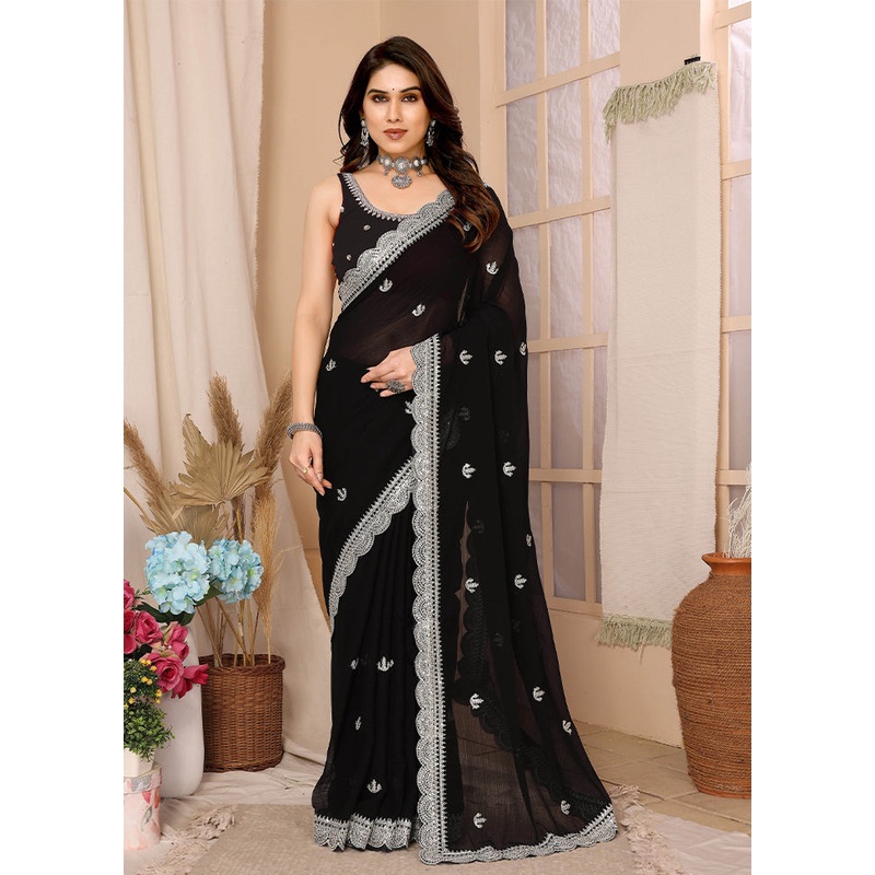 Black Chiffon Silk Saree With Blouse Piece - JD986610007