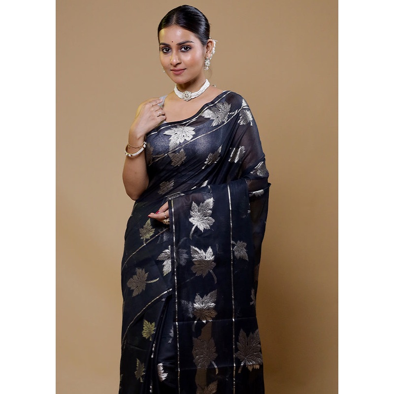 Black Cotton Saree With Blouse Piece - JD986610051