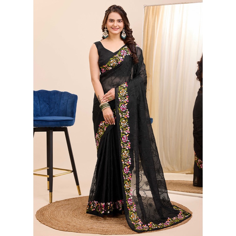 Black Dupion Silk Saree With Blouse Piece - JD986610006