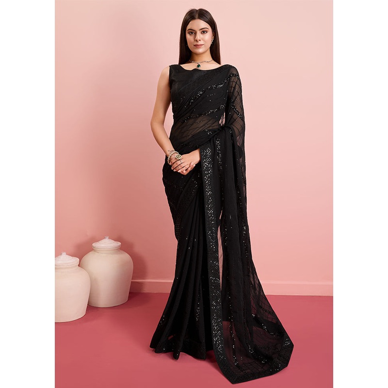 Black Georgette Saree With Blouse Piece - JD986610004