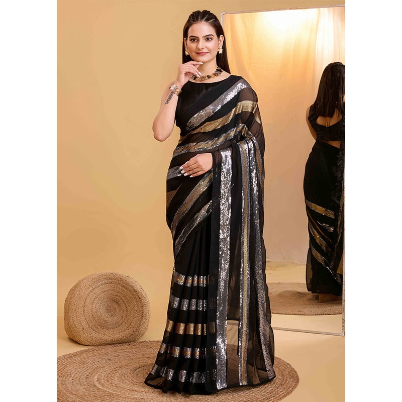 Black Georgette Saree With Blouse Piece - JD986610005