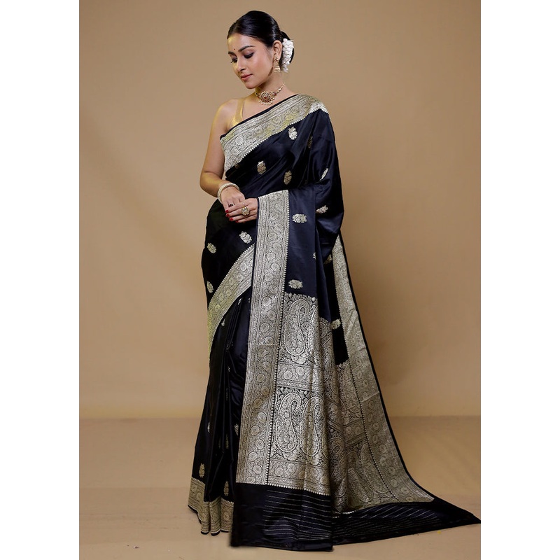 Black Handloom Banarasi Pure Silk Saree With Blouse Piece - JD986610050