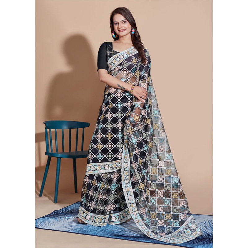 Black Net Saree With Blouse Piece - JD986610002