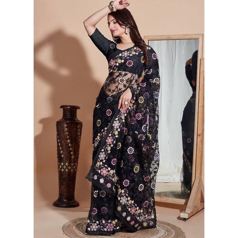 Black Net Saree With Blouse Piece - JD986610003